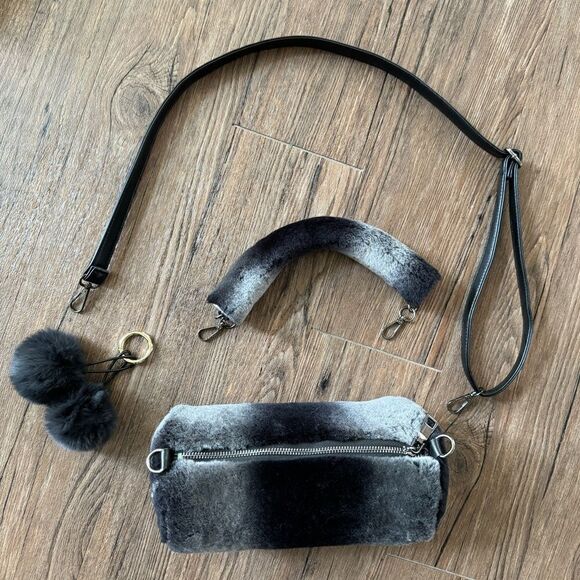Gray Gradient Handmade Genuine Shearling Leather Barrel Bag & 3 Strap Styles - Picture 15 of 16